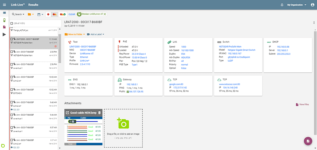 LinkRunner AT Results in Link-Live