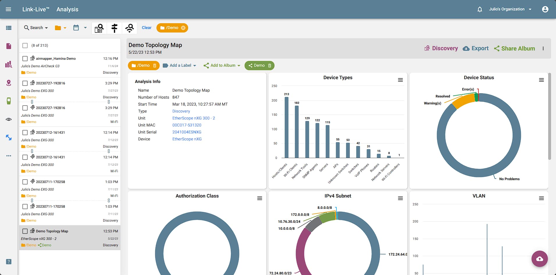 Discovery and Wi-Fi dashboards speed analysis and troubleshooting.